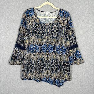 Studio Works Tunic Large Navy Crochet‎ Medallion Boho Artsy Lagenlook Butt Cover